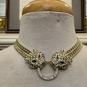 “eye candy” Gold-Tone Panther Choker Necklace w/ rhinestones & Gn. Crystal Eyes
